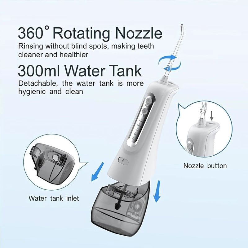 Irrigador Bucal Portátil de 4 Modos con Tanque de 330 ml y Boquillas Intercambiables. Limpieza profunda.