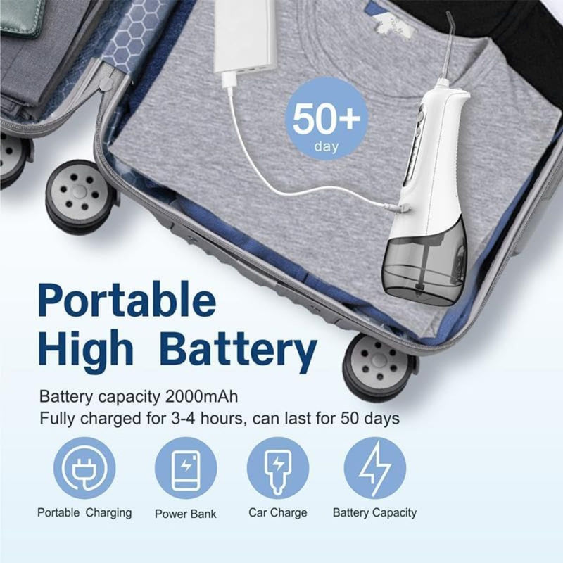 Irrigador Bucal Portátil de 4 Modos con Tanque de 330 ml y Boquillas Intercambiables. Limpieza profunda.