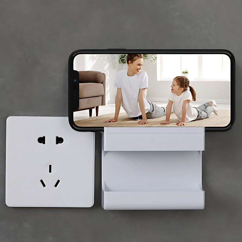 Organizador de Pared para Celular y Accesorios. Repisa de cargador celular Soporte Adhesivo Multifuncional. Color blanco. 86x36x97mm.