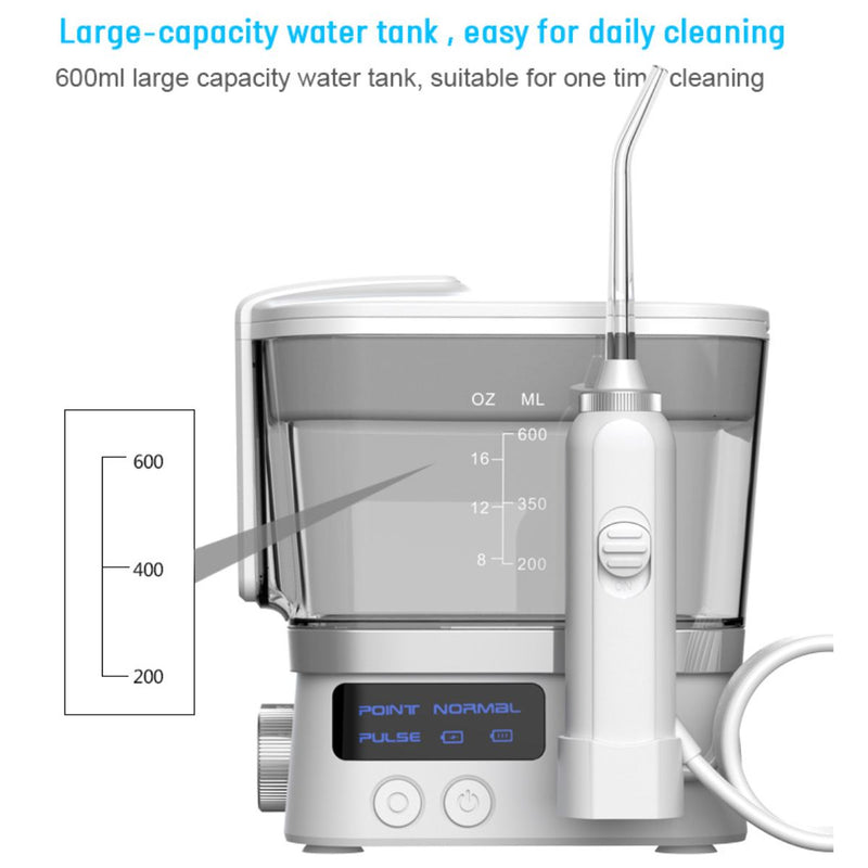 Irrigador Bucal Eléctrico con 10 Niveles de Presión y 6 Boquillas. Tanque de 600ml y Almacenamiento Higiénico.