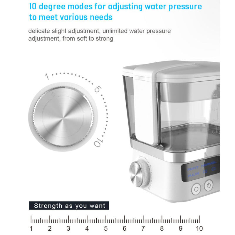 Irrigador Bucal Eléctrico con 10 Niveles de Presión y 6 Boquillas. Tanque de 600ml y Almacenamiento Higiénico.