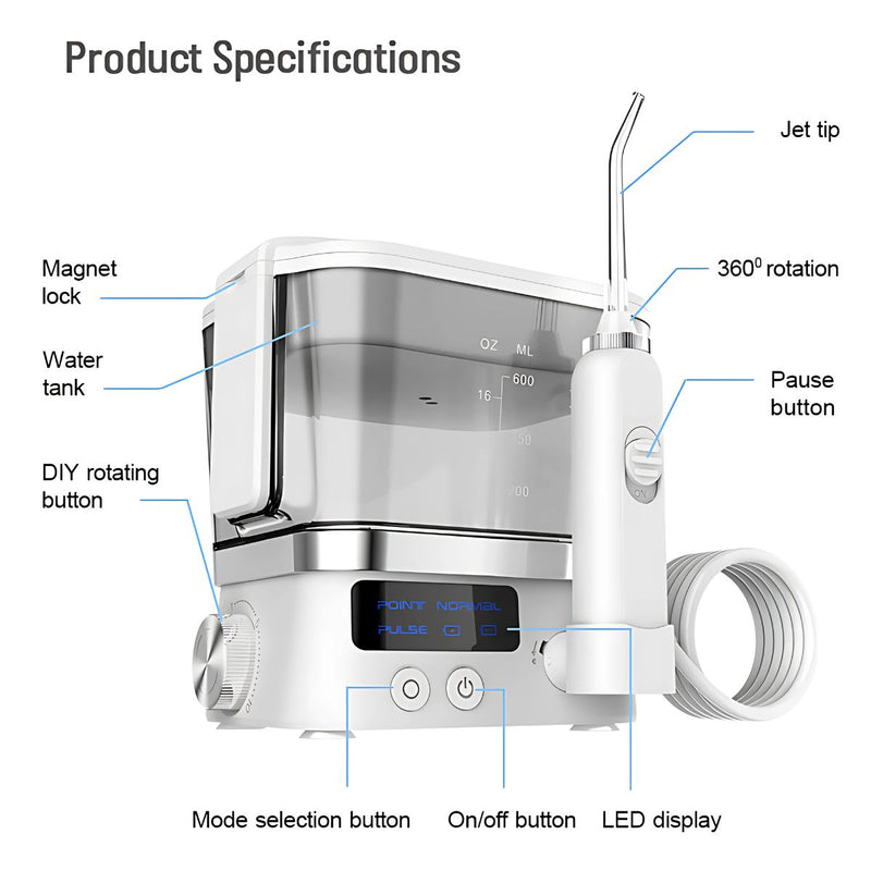 Irrigador Bucal Eléctrico con 10 Niveles de Presión y 6 Boquillas. Tanque de 600ml y Almacenamiento Higiénico.