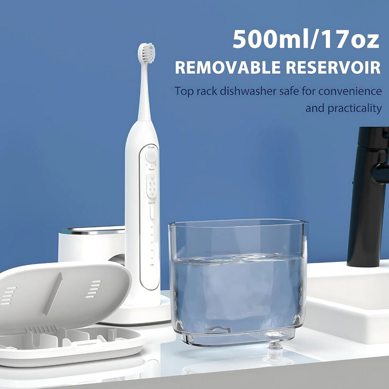 Irrigador Bucal y Cepillo dental Eléctrico 2 en 1. Con Vibración Sónica y Tanque de 500ml. Limpieza Dental Profesional en casa.