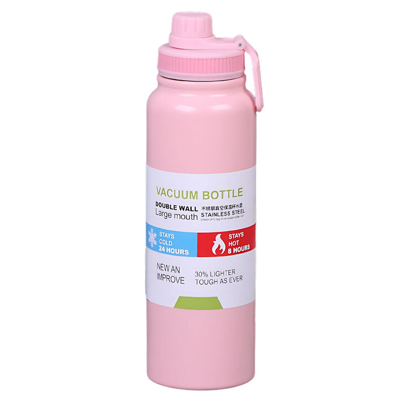Botella de agua térmica 1000ml. Termo rosado de doble pared. Acero inoxidable.
