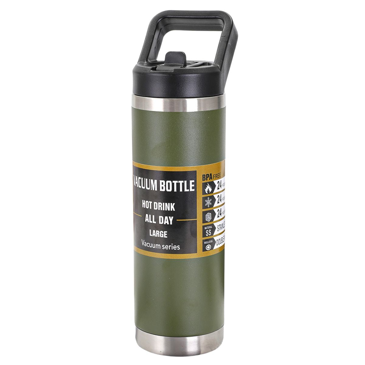 Botella de agua térmica 600ml. Termo verde militar de doble pared. Acero inoxidable.