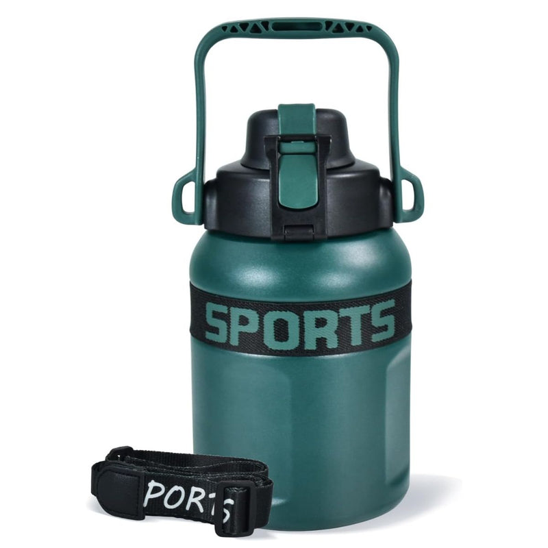 Botella de agua térmica 900ml. Termo verde con correa y asa. Acero inoxidable.