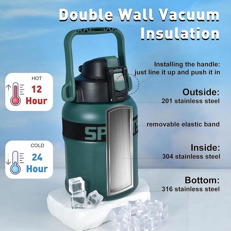 Botella de agua térmica 900ml. Termo verde con correa y asa. Acero inoxidable.