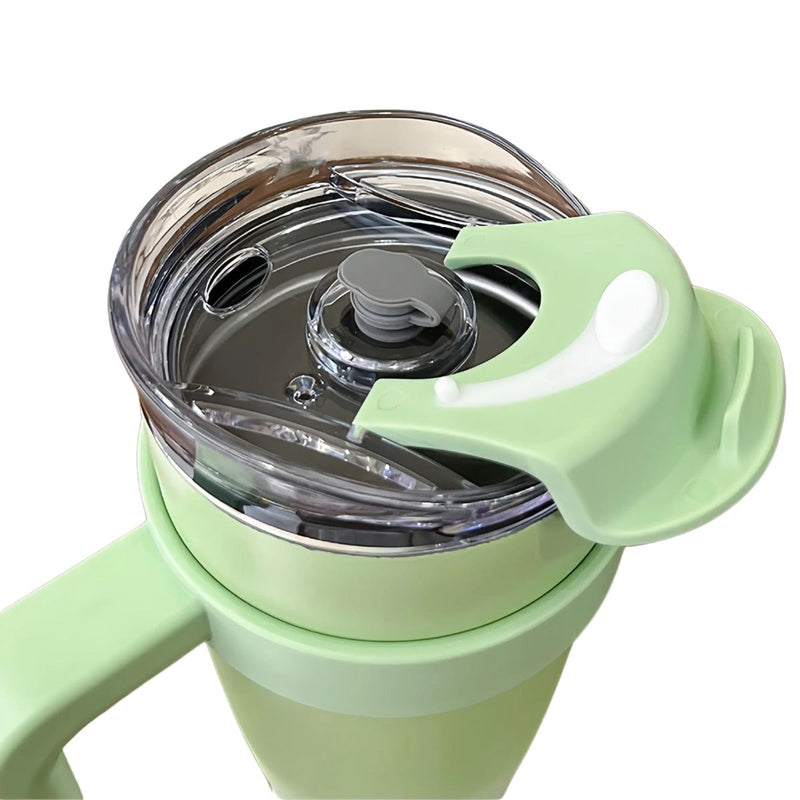 Botella de agua térmica 1200ml. Termo verde con carrizo de doble pared. Acero inoxidable. Vaso Tumbler.