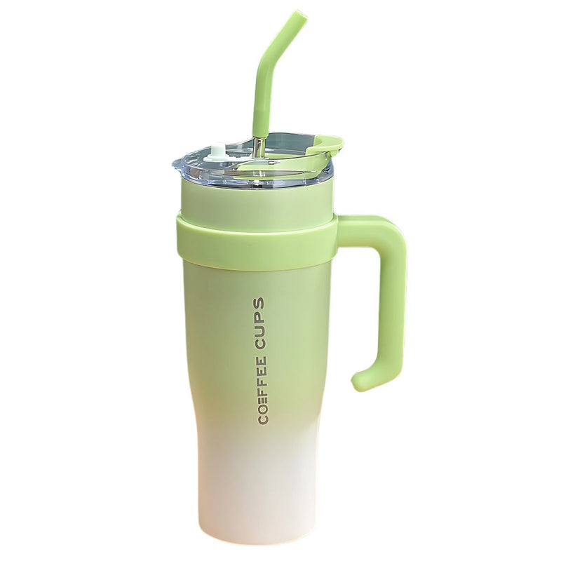 Botella de agua térmica 1200ml. Termo verde con carrizo de doble pared. Acero inoxidable. Vaso Tumbler.