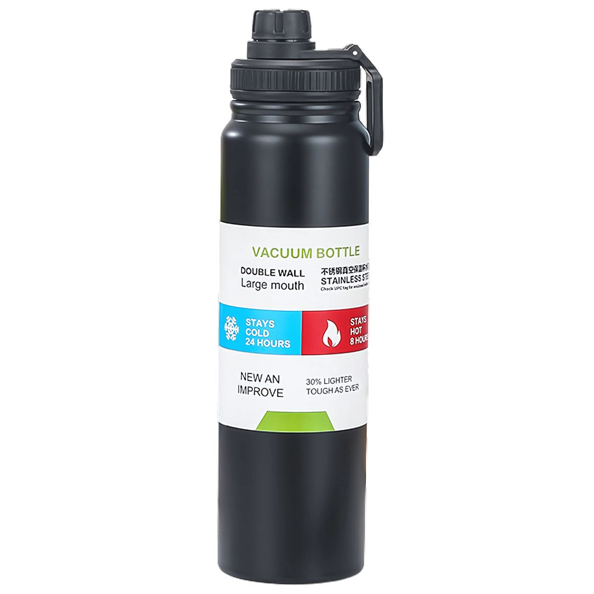 Botella de agua térmica 1000ml. Termo de doble pared. Acero inoxidable. Color negro mate.