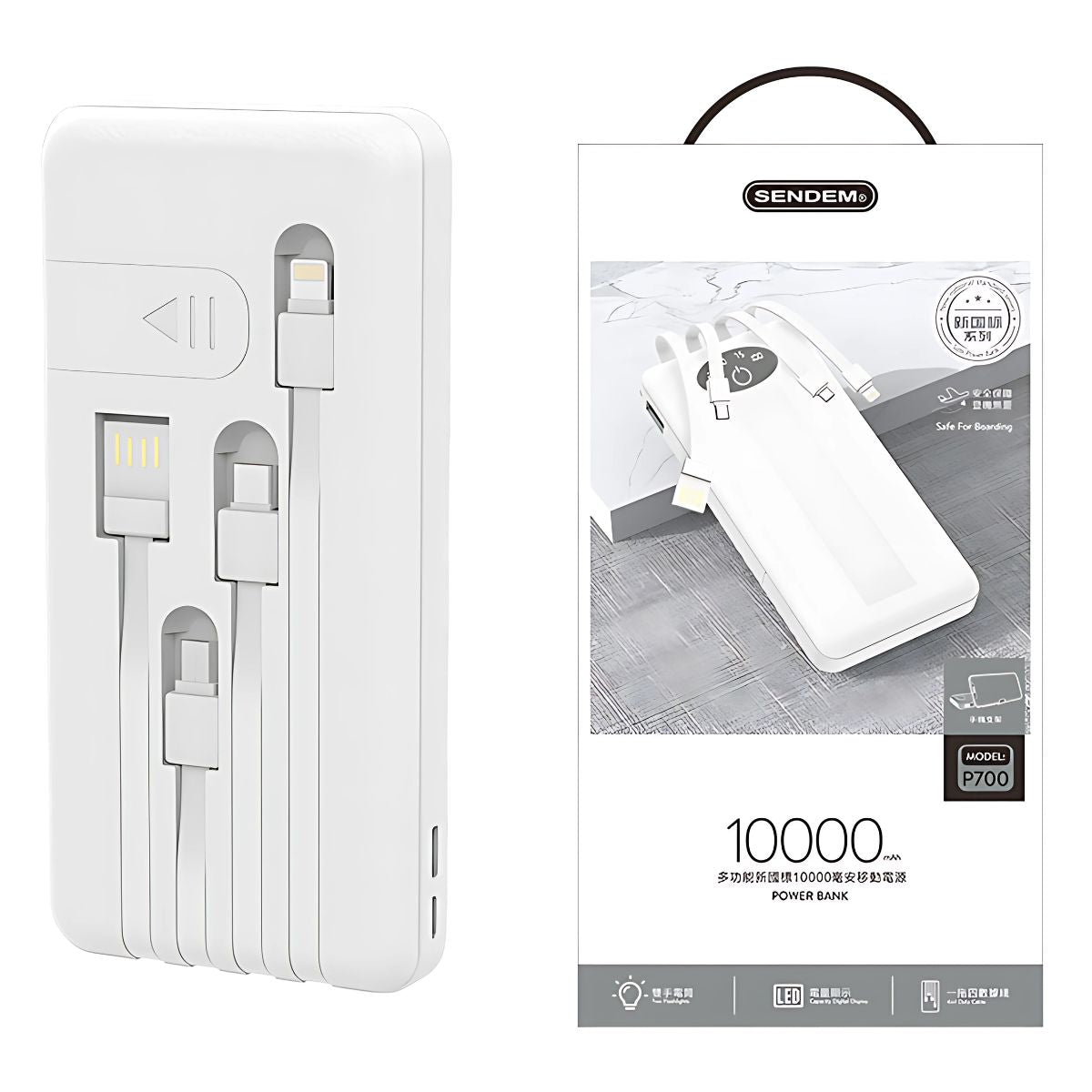 Power Bank 10000 mAh con Cables Integrados. Compatible con Tipo-C, Micro USB y Lightning. Batería Cargador portátil para celulares.