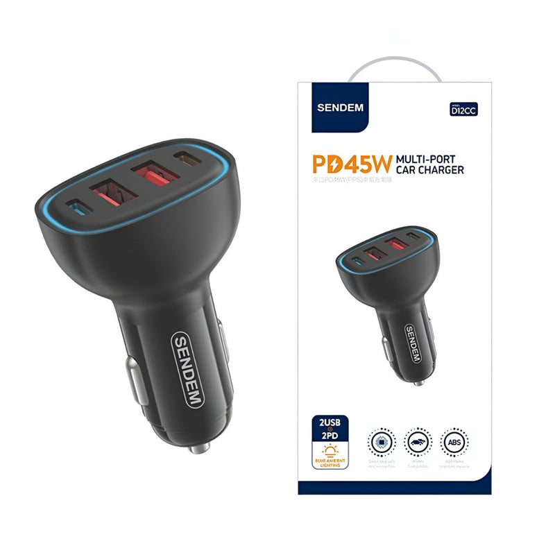 Cargador de Auto 45W con 2 puertos USB y 2 puertos Tipo C. Adaptador de carro con Carga Rápida para Múltiples Dispositivos.
