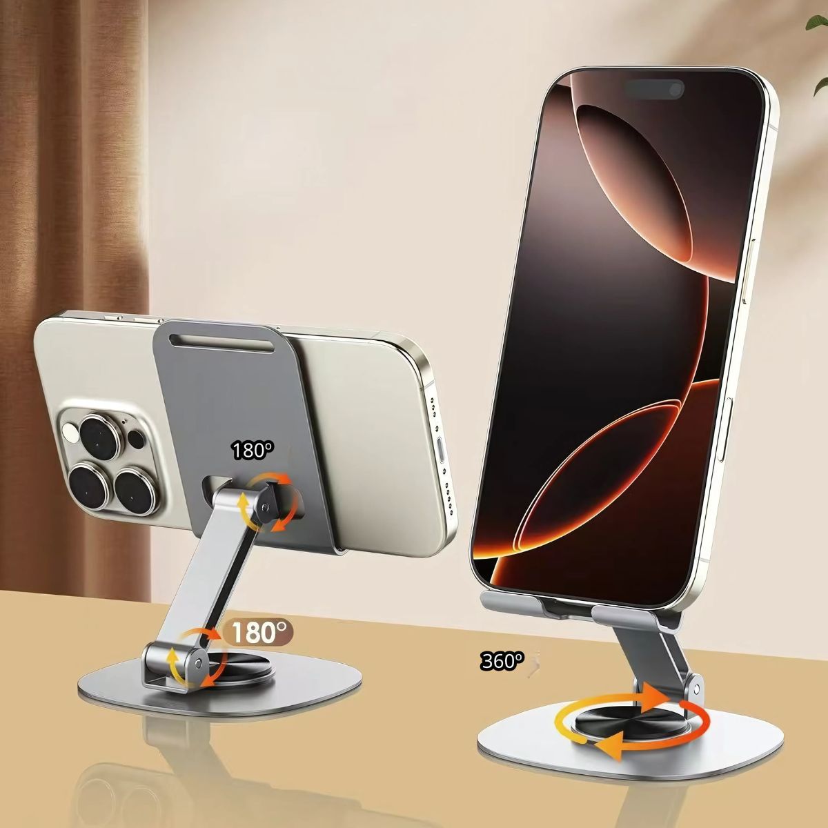 Soporte Metálico Plegable para Celular con Rotación 360° y Altura Ajustable. Base de teléfono móvil Antideslizante para Escritorio.