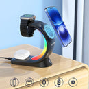 Cargador Inalámbrico 3 en 1 con Carga Magnética y Luz RGB. 15W para Celular, Reloj y Audífonos. Base de Carga Inalámbrica compatible con apple.