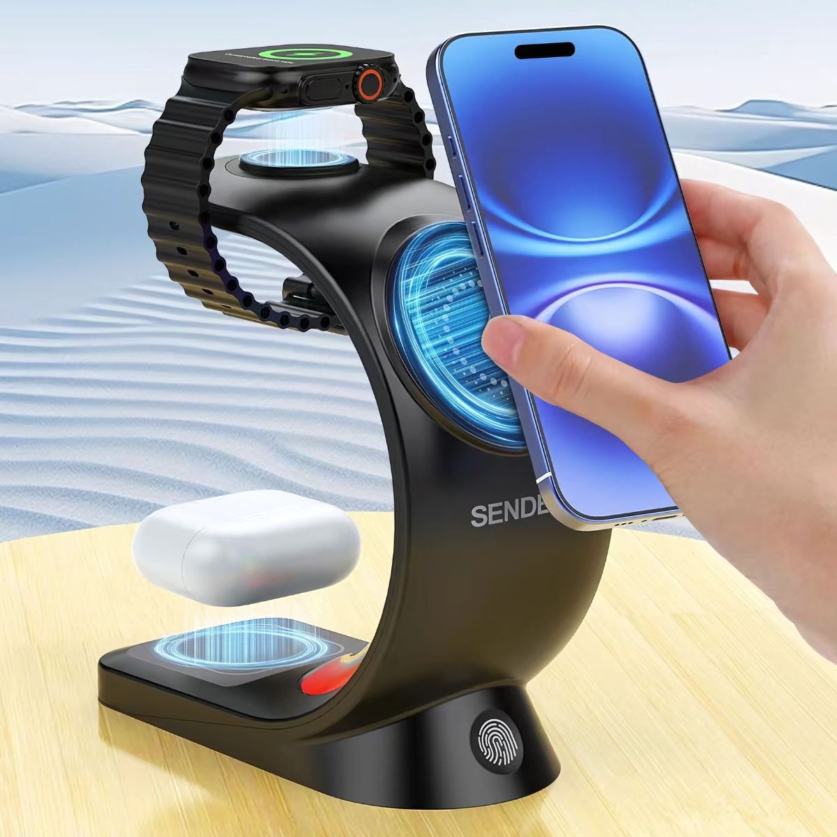 Cargador Inalámbrico 3 en 1 con Carga Magnética y Luz RGB. 15W para Celular, Reloj y Audífonos. Base de Carga Inalámbrica compatible con apple.