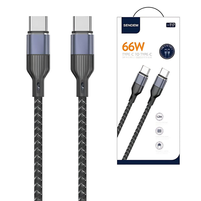 Cable Tipo-C a Tipo-C de Carga Rápida 66W y Transferencia de Datos. Longitud de 1.2 Metros.