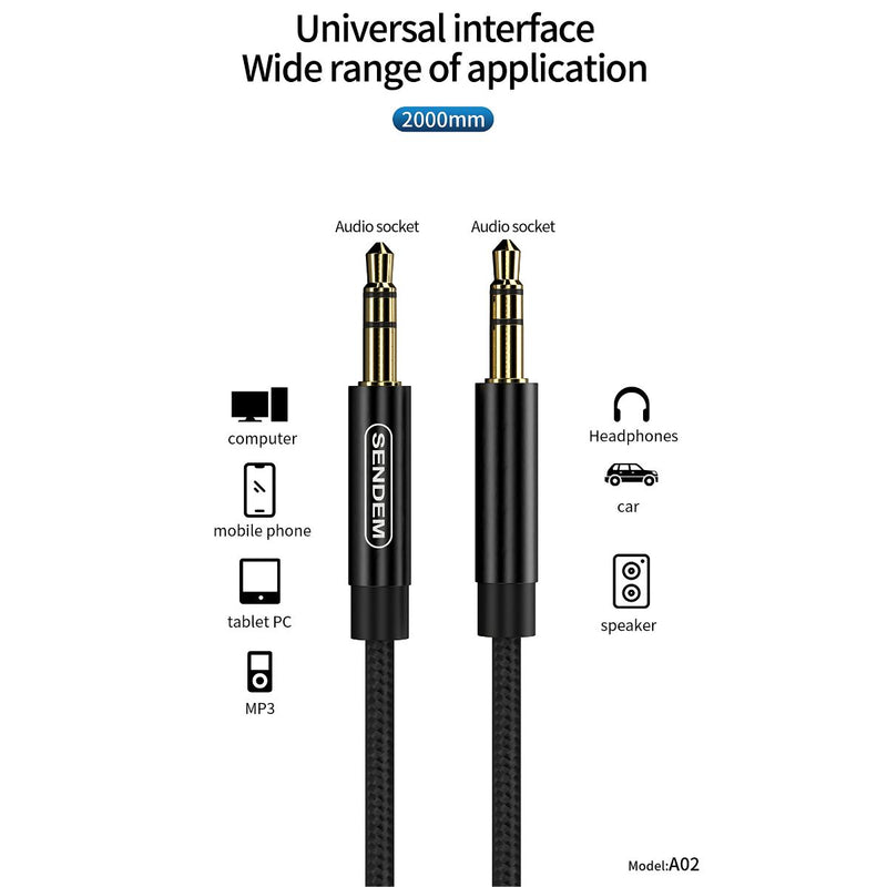 Cable Auxiliar de Audio 3.5mm Macho a Macho de 2 Metros. Compatible con Auto, Parlantes y Audífonos.