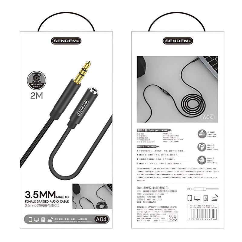 Cable de Extensión Auxiliar 3.5mm Macho a Hembra de 2 Metros. Compatible con Audífonos, Computadoras y Parlantes.