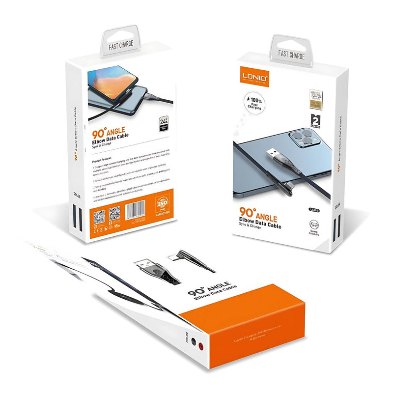 Cable USB a Tipo C con Conector Angular 90 Grados. Longitud de 2 Metros, Carga Rápida 2.4A