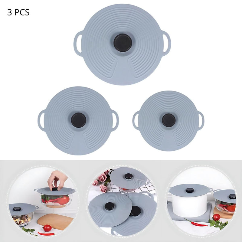 Tapas de Silicona Reutilizables para Ollas y Recipientes. (Set 3 Tamaños) Tapaderas de Sellado Hermético Antiderrames.