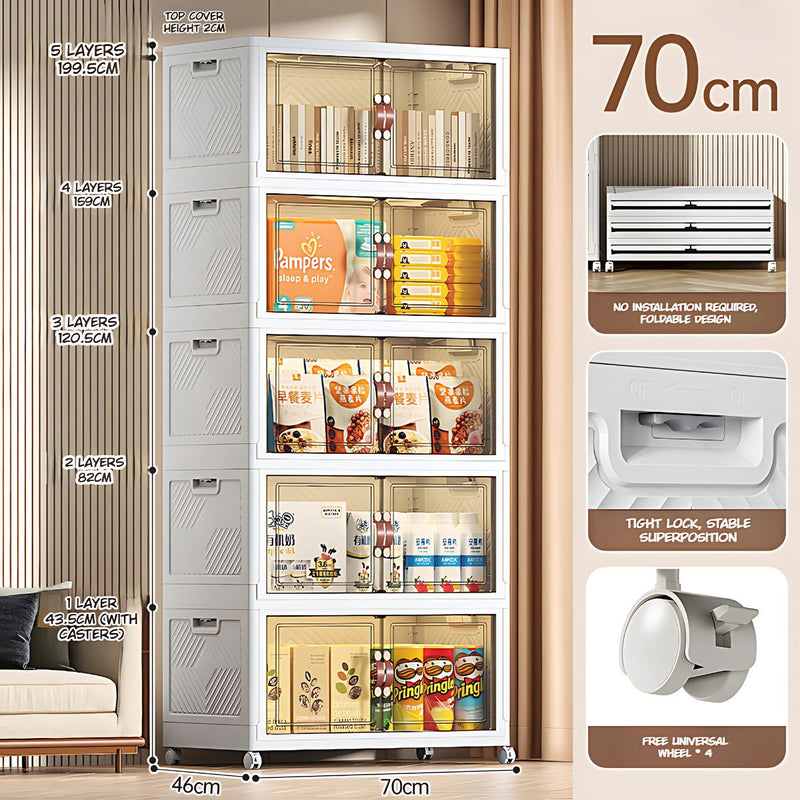 Estante Organizador Modular Plegable con Ruedas y Puertas Transparentes. Armario Desmontable Para Almacenamiento (70 cm de Ancho). Cajones Apilables.