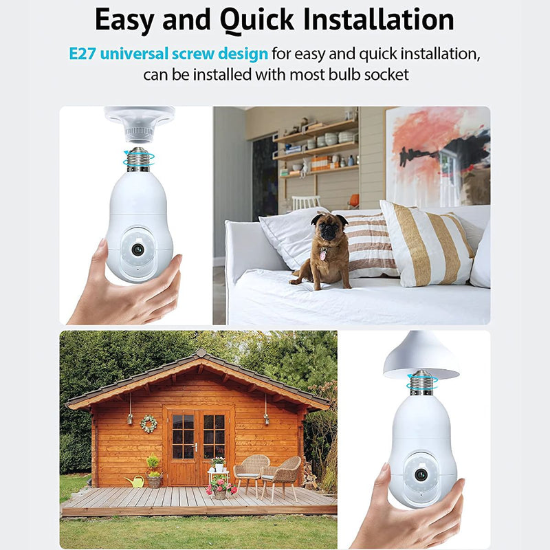 Cámara de Seguridad WiFi 360° Tipo Bombillo socket con Visión Nocturna. Cámara de Videovigilancia con Detección de Movimiento con conexión WiFi.
