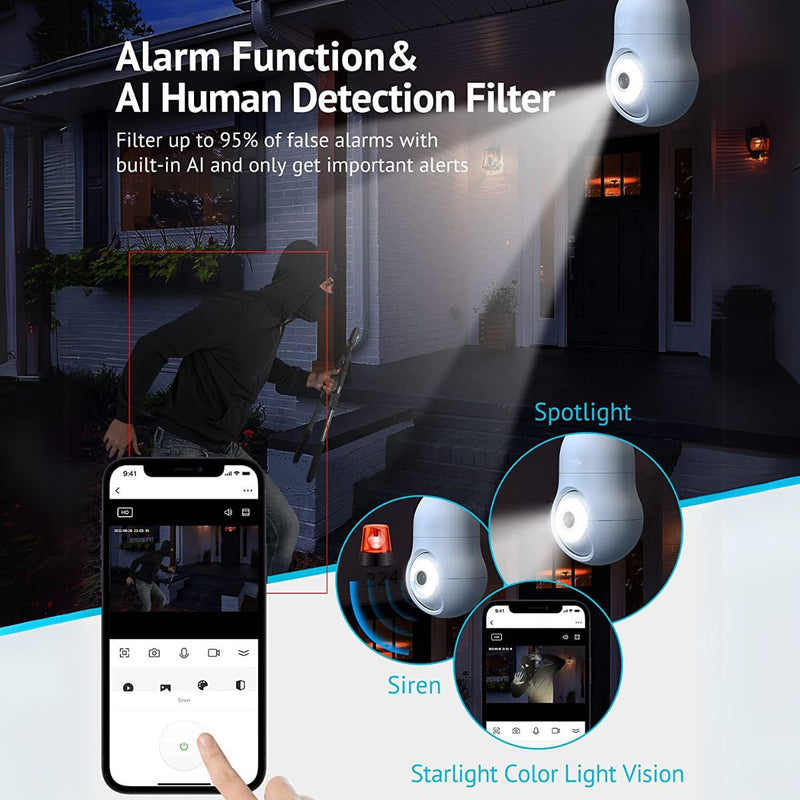 Cámara de Seguridad WiFi 360° Tipo Bombillo socket con Visión Nocturna. Cámara de Videovigilancia con Detección de Movimiento con conexión WiFi.