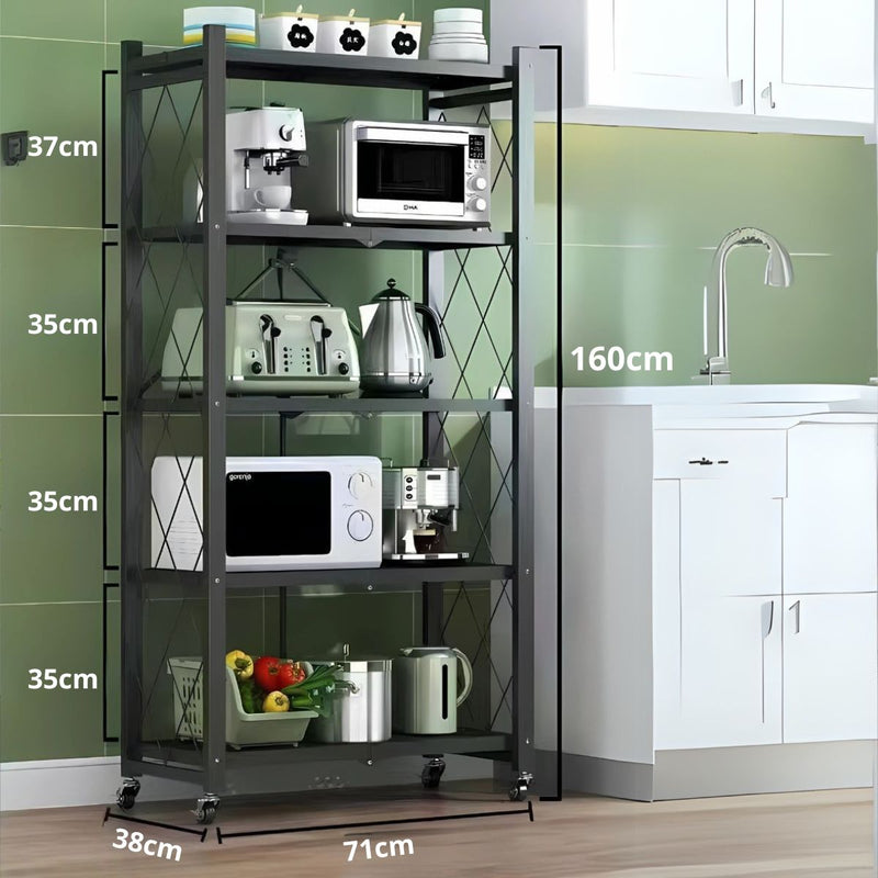 Estante Organizador con Ruedas (Color Negro). Repisas para Almacenamiento Plegable con 5 Niveles. 160 x 71 x 38cm.