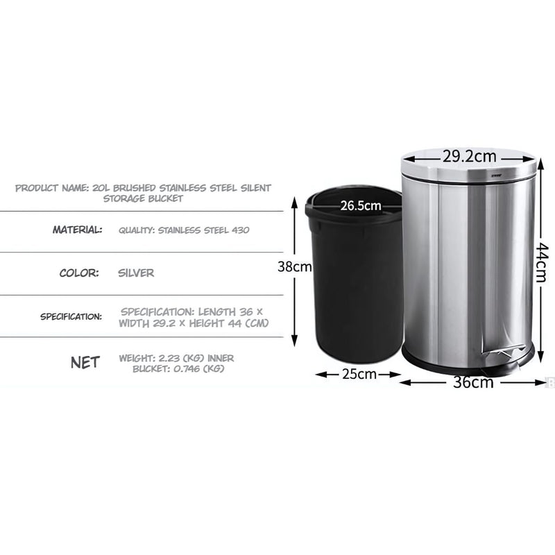 Papelera con Pedal Acero Inoxidable 20L. Con cierre suave Basurero Tinaco Antideslizante y con Tapa para Baño u Oficina.
