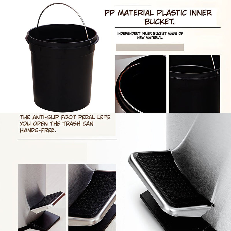 Papelera con Pedal Acero Inoxidable 8L. Con cierre suave Basurero Tinaco Antideslizante y con Tapa para Baño u Oficina.