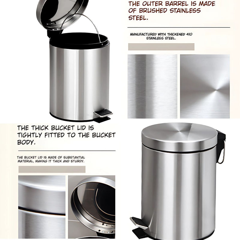 Papelera con Pedal Acero Inoxidable 5L. Basurero Tinaco Antideslizante y con Tapa para Baño u Oficina.