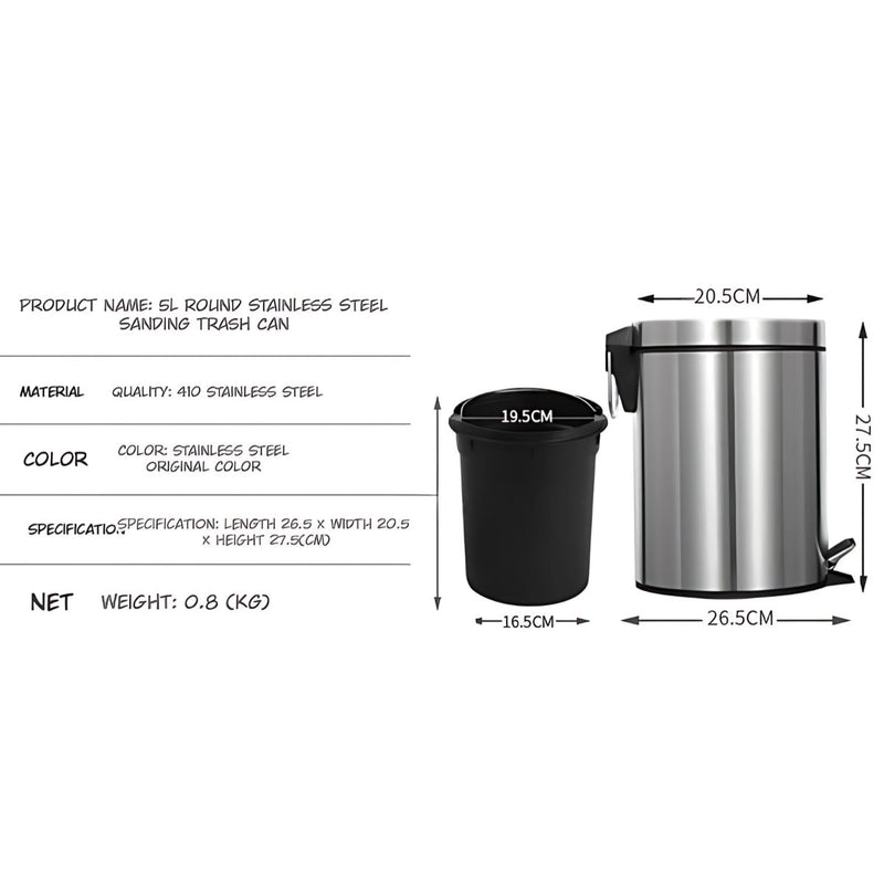 Papelera con Pedal Acero Inoxidable 5L. Basurero Tinaco Antideslizante y con Tapa para Baño u Oficina.