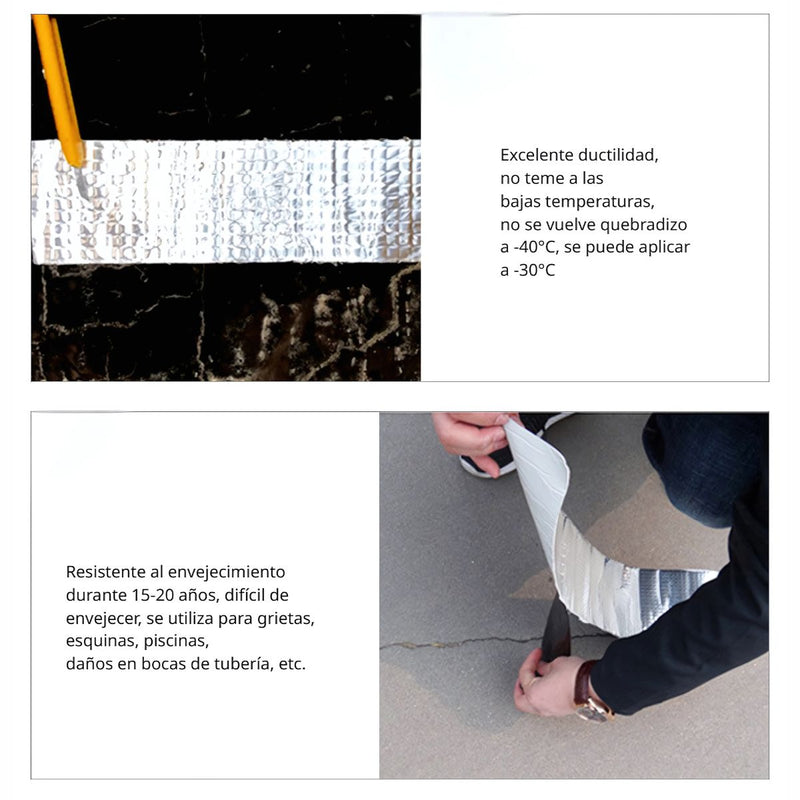 Cintas Tapagoteras de Goma de Butilo. Cintas autoadhesivas resistentes al agua cubiertas de Aluminio de alta reflectividad. Sellado Definitivo.