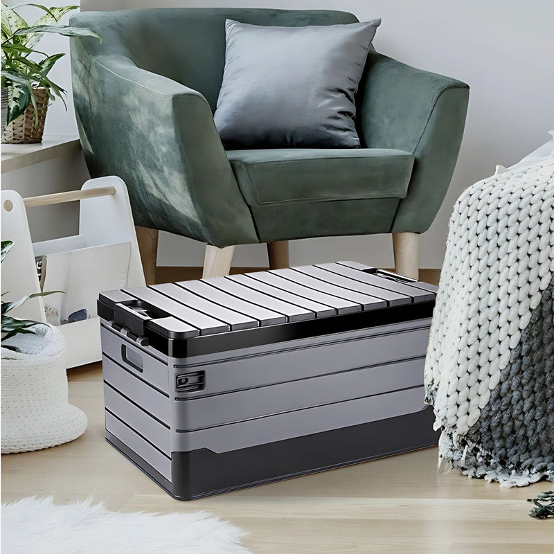 Caja de Almacenamiento Plegable 60L con Tapa Plana. 59x36x29 cm. Contenedor organizador. Caja plástica multiusos.