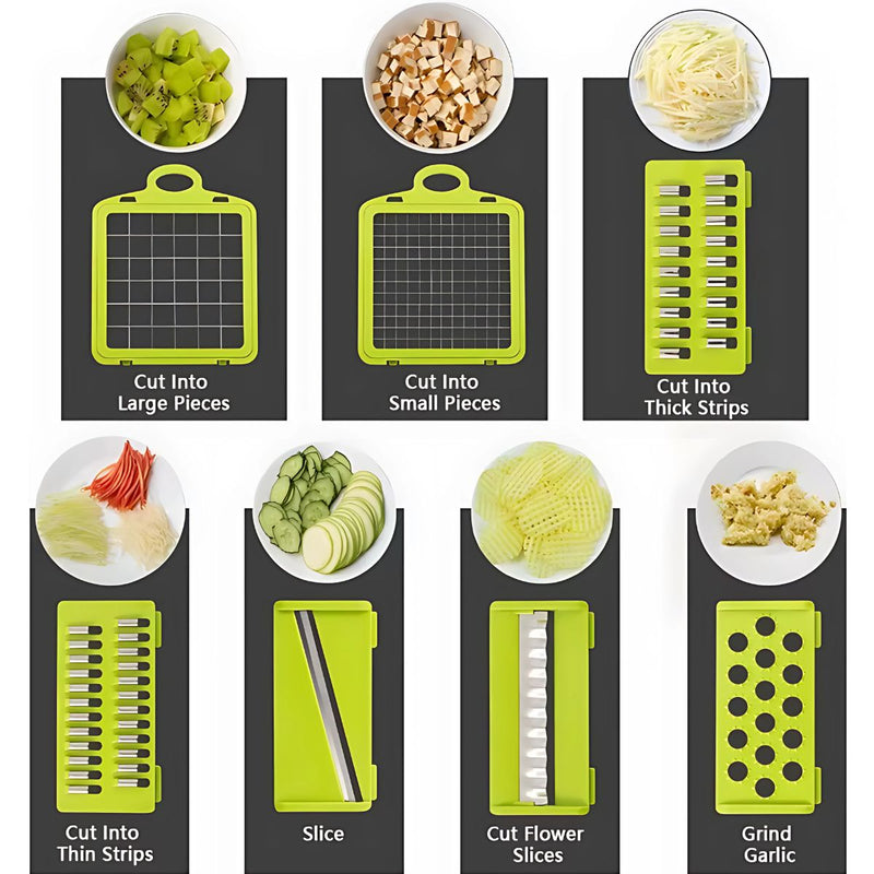 Picadora de frutas y Verduras 14 en 1. Cortadora, Rebanadora y Trituradora Manual Multifuncional.