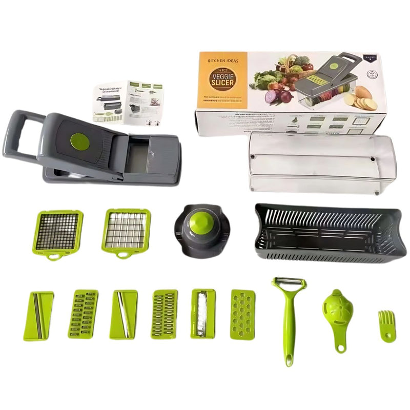 Picadora de frutas y Verduras 14 en 1. Cortadora, Rebanadora y Trituradora Manual Multifuncional.