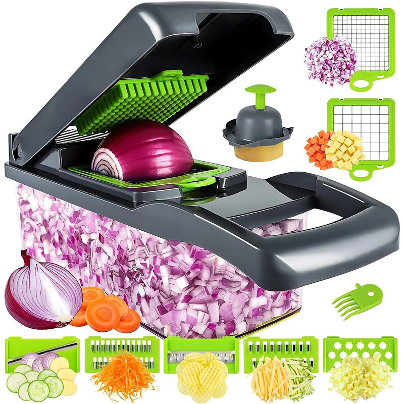 Picadora de frutas y Verduras 14 en 1. Cortadora, Rebanadora y Trituradora Manual Multifuncional.