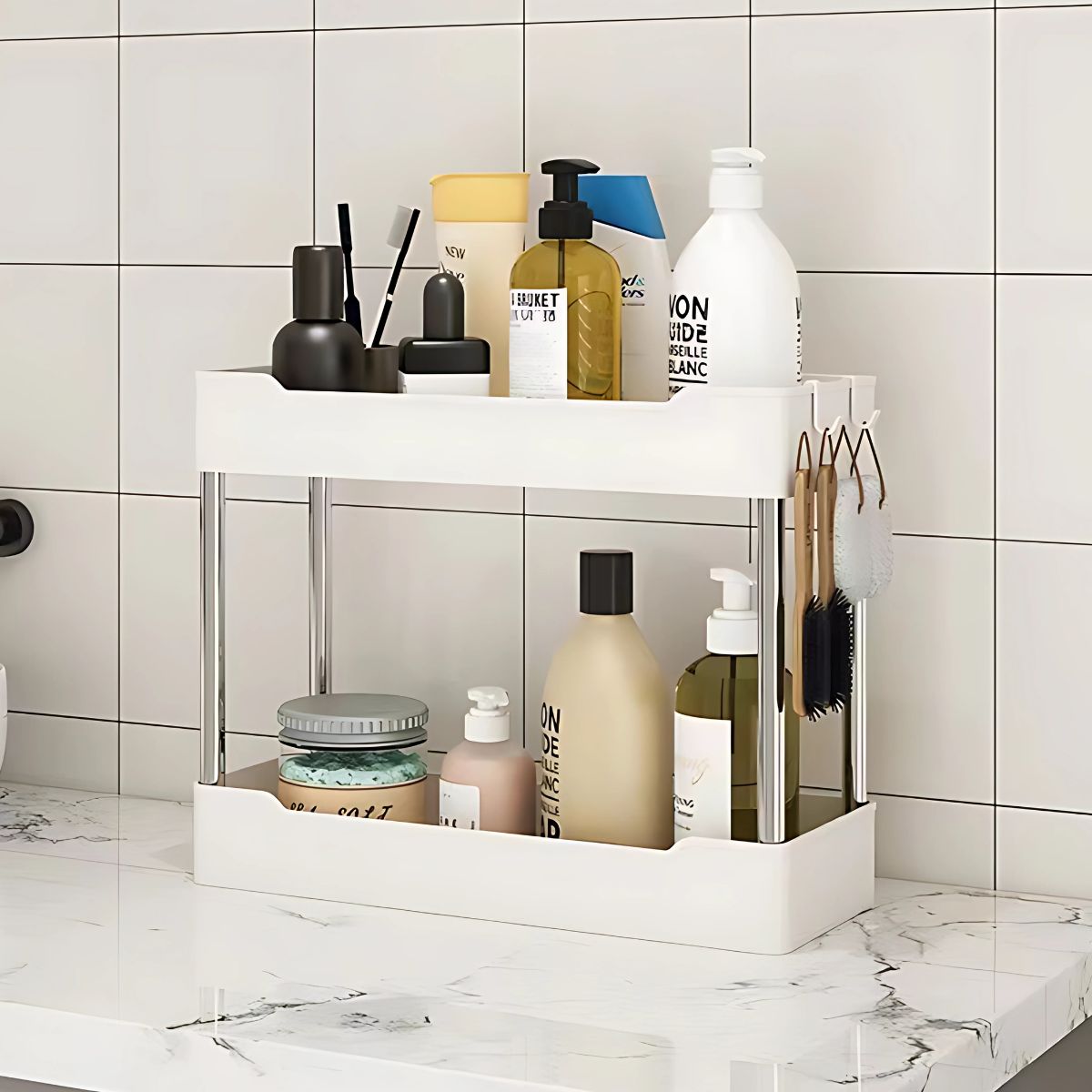 Estante de Almacenamiento de 2 Niveles con Ganchos. 40x15x32cm Color blanco. Organizador. Anaquel multiusos de almacenaje. Cocina baño