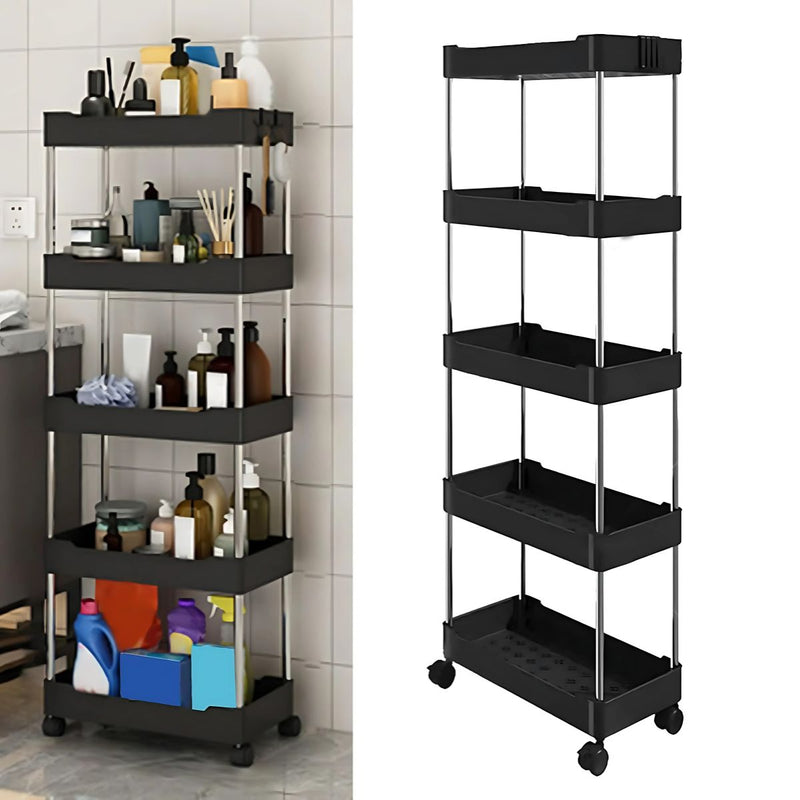 Carrito organizador de 5 niveles. Color negro 40x22x113cm. Anaquel multiusos de almacenaje con ruedas.