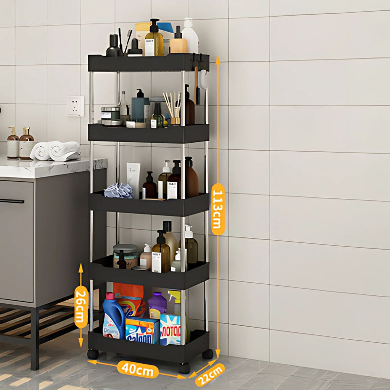 Carrito organizador de 5 niveles. Color negro 40x22x113cm. Anaquel multiusos de almacenaje con ruedas.