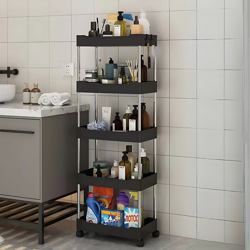 Carrito organizador de 5 niveles. Color negro 40x22x113cm. Anaquel multiusos de almacenaje con ruedas.