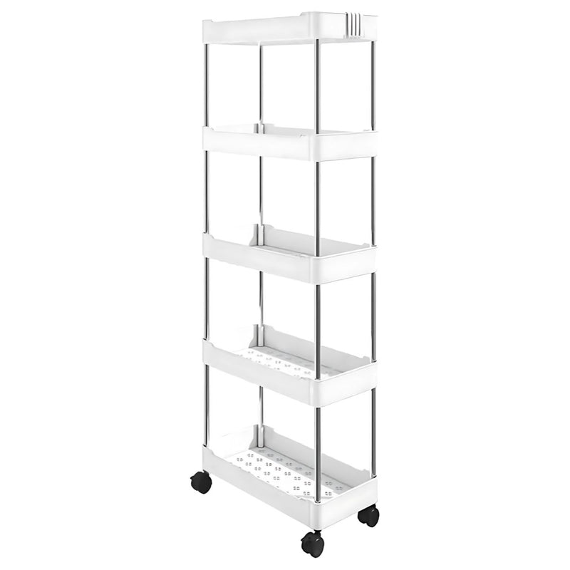 Carrito organizador de 5 niveles. Color blanco 40x22x113cm. Anaquel multiusos de almacenaje con ruedas.