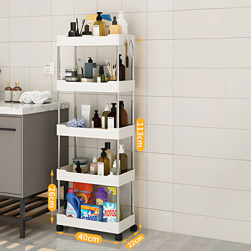 Carrito organizador de 5 niveles. Color blanco 40x22x113cm. Anaquel multiusos de almacenaje con ruedas.