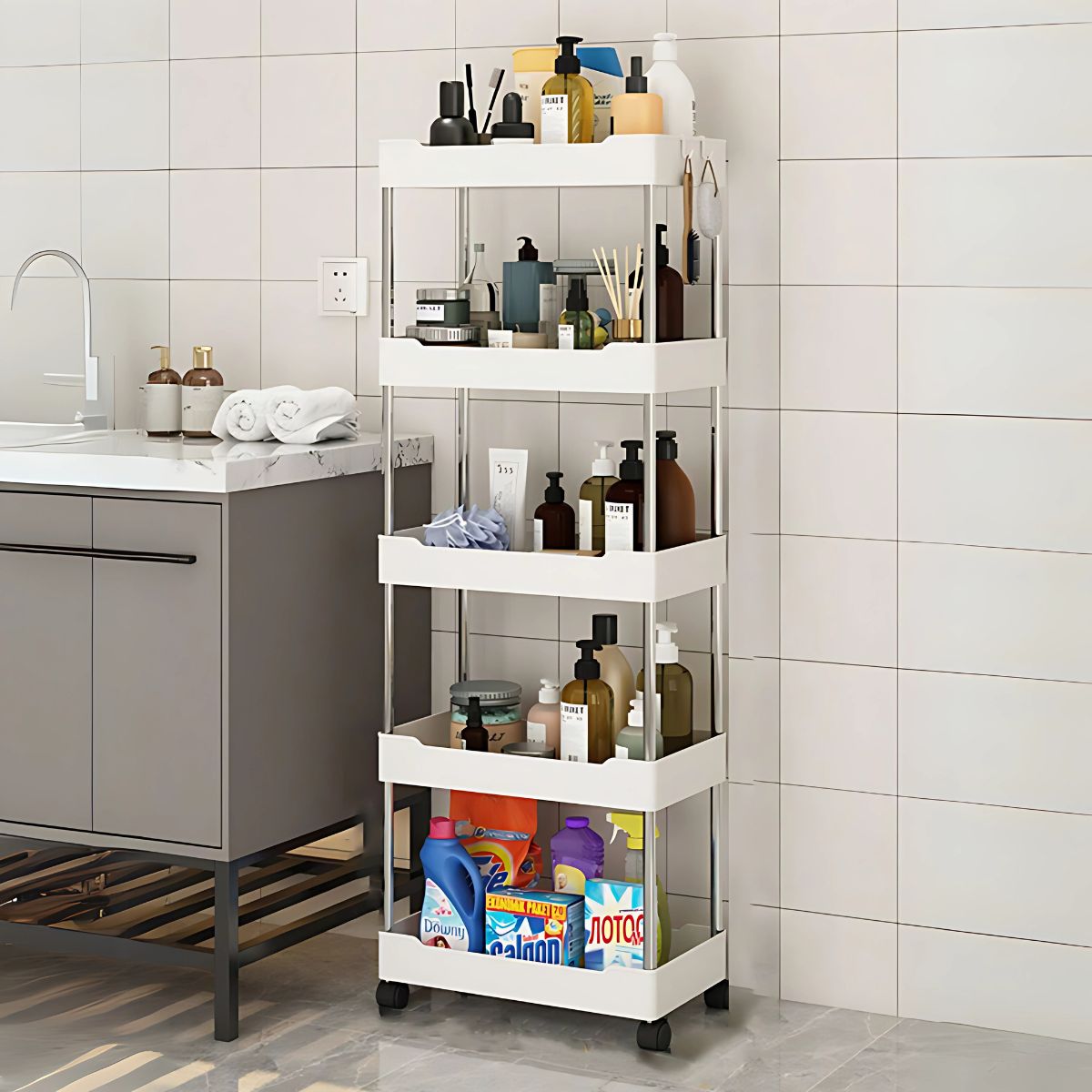 Carrito organizador de 5 niveles. Color blanco 40x22x113cm. Anaquel multiusos de almacenaje con ruedas.