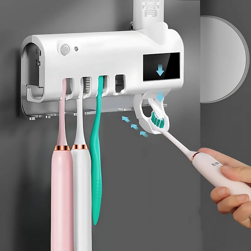 Soporte pared Cepillos de Dientes con Desinfección UV y Dispensador Automático de Pasta Dental. Esterilizador de cepillos de dientes. Organizador