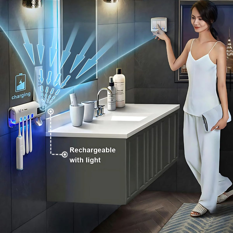 Soporte pared Cepillos de Dientes con Desinfección UV y Dispensador Automático de Pasta Dental. Esterilizador de cepillos de dientes. Organizador