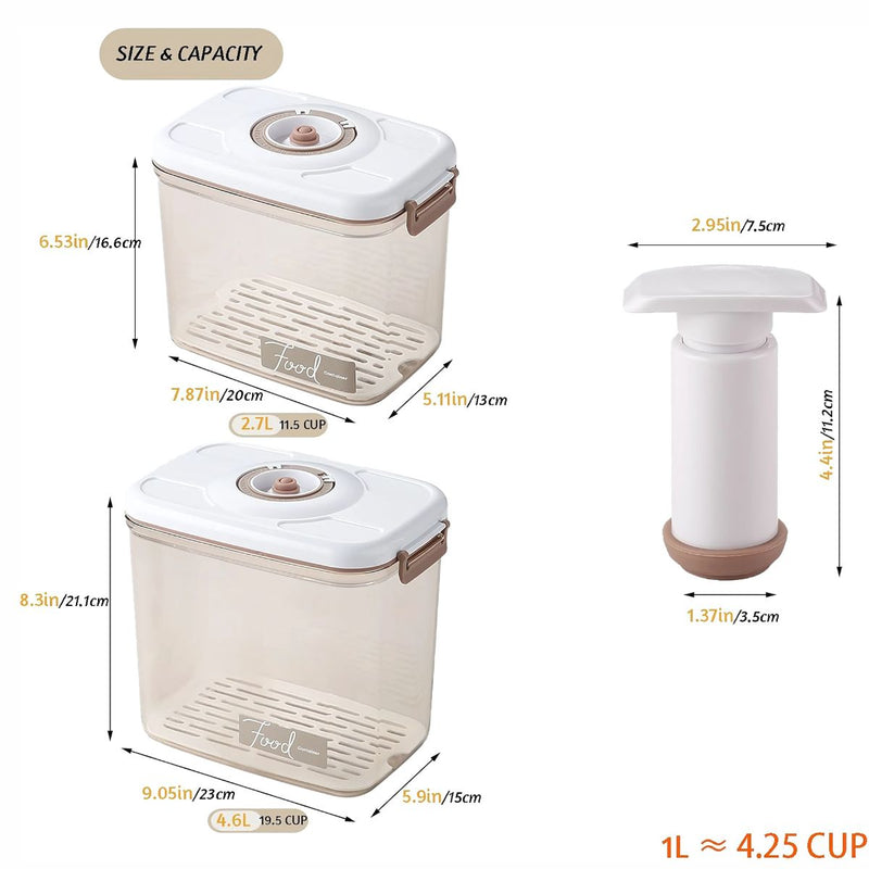 Recipientes Herméticos al Vacío con Bomba Manual. Sin BPA y de Larga Conservación (2.7L y 4.6L). Set de 3 piezas. Vasijas. Cajas de almacenamiento selladas.