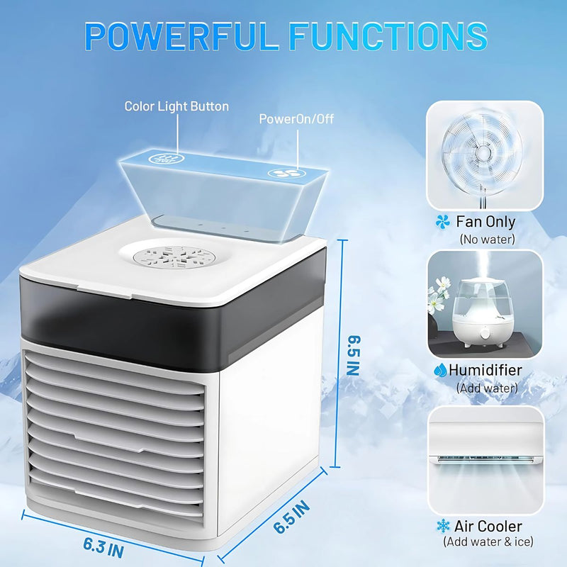 Abanico Acondicionador De Aire Con Agua Portátil. 3 velocidades. Carga USB. 500ml. Humidificador y purificador de aire.