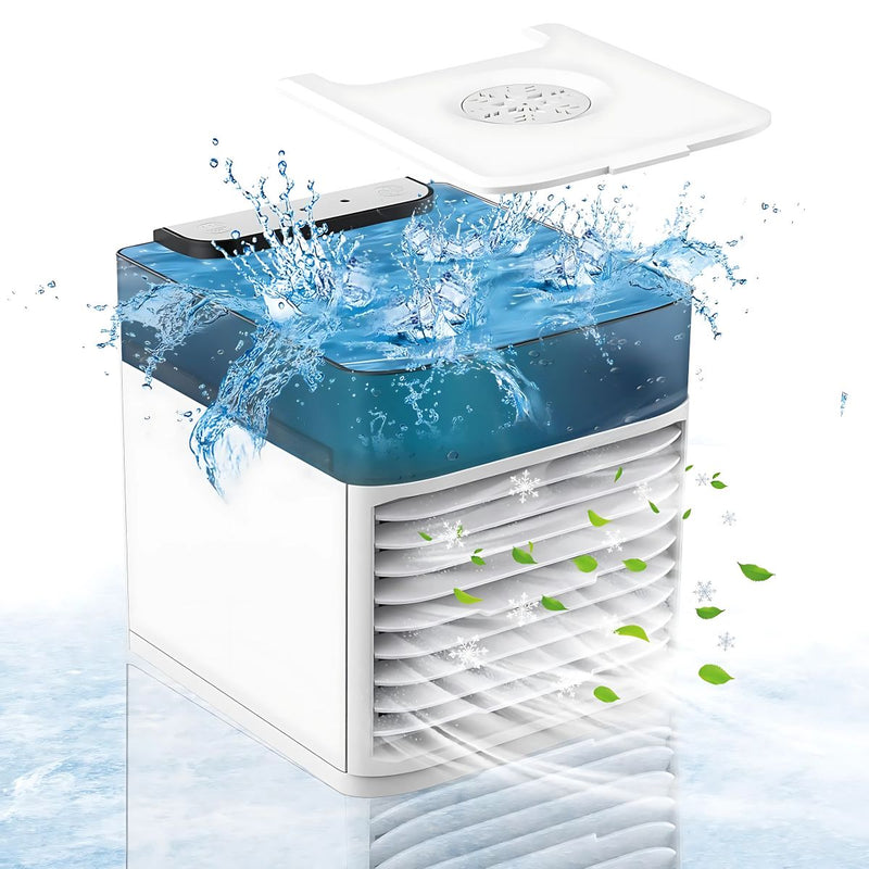 Abanico Acondicionador De Aire Con Agua Portátil. 3 velocidades. Carga USB. 500ml. Humidificador y purificador de aire.