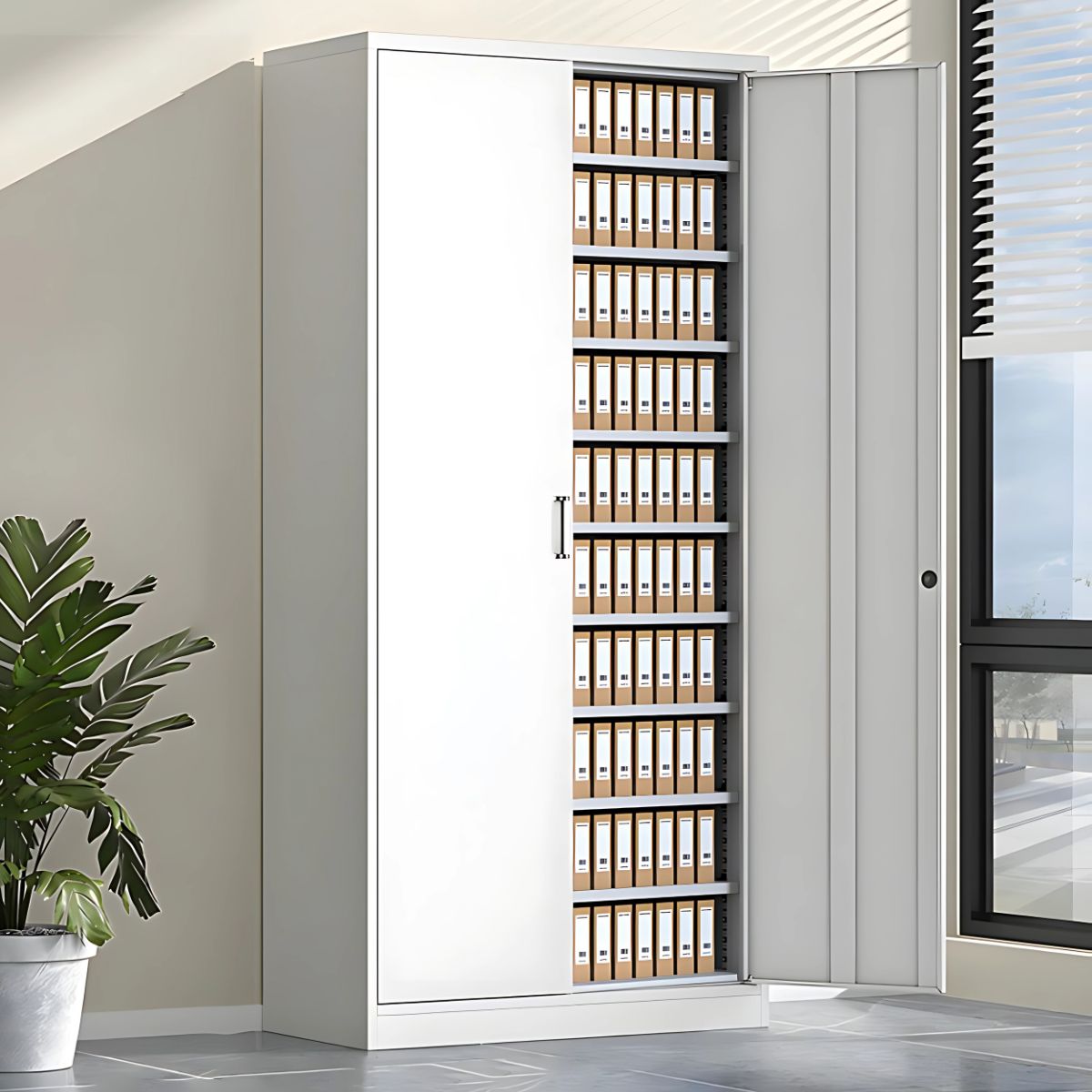 Archivador Estante metálico de 2 puertas y 9 tablillas. Armario de metal para almacenaje de archivos